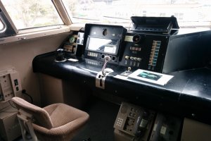 A view of the driver&#39;s seat in one of the bullet trains in the front lawn area
