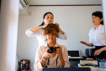 <p>Ms. Maho Kondo and Ms. Hisami Nakahara (right) did a wonderful job styling my hair</p>