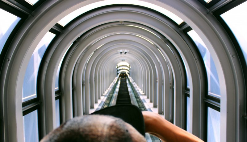 <p>The glass-escalator leading you to the top of the tower.</p>
