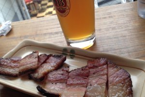 Baird Taproom Harajuku&nbsp;Sliced Pork Belly Bacon with a Red Rose Amber Ale.