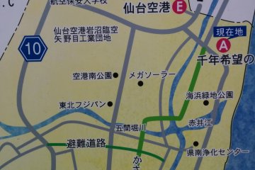 <p>A map of the area: &quot;A&quot; is your current location, while &quot;E&quot; is the nearby Sendai&nbsp;Airport&nbsp;</p>
