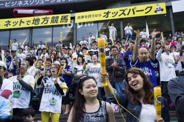 Enthusiastic Fukuoka SoftBank&nbsp;Hawks fans, armed with plastic bats, cheer their home team on.