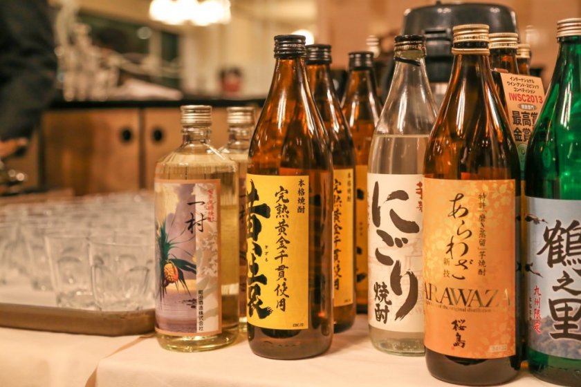 Sake bottles on display