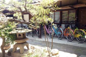 <p>The candy colored bicycles bring the traditional courtyard to life.</p>