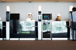 The front desk, where three friendly robots (including a dinosaur!) will greet you