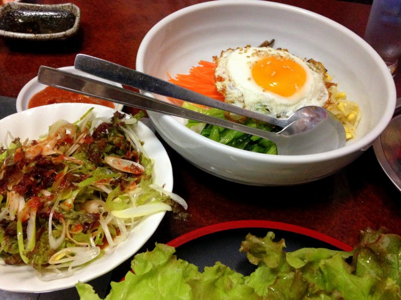 <p>A set of Bibimbap, rice mixed with assorted herbs and vegetables, meat and fried egg, to complement the Samgyeupsal. The side dishes are superb!</p>