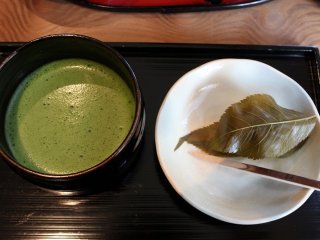 Matcha tea with the most popular Japanese sweet - Sakura mochi (a rice cake stuffed with bean paste and wrapped in a leaf)