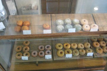 Doughnut selection at the counter