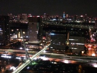 A view of the city at night from the ferris wheel in Palette Town.