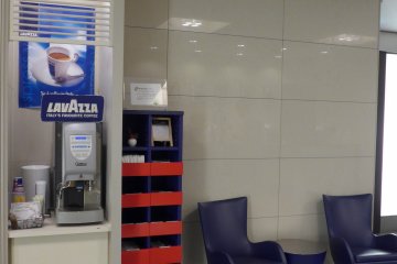 At the lobby, you can get a cup of coffee from the machine and grab some extra toiletries.
