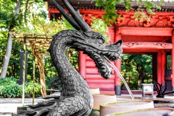 <p>At the opposite end is yet another dragon with the colorful Nitemon gate in the background</p>