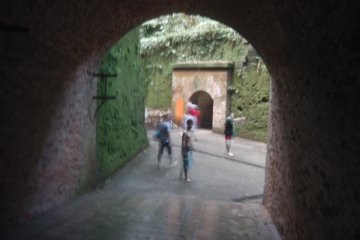 Visitors exploring the old military structures