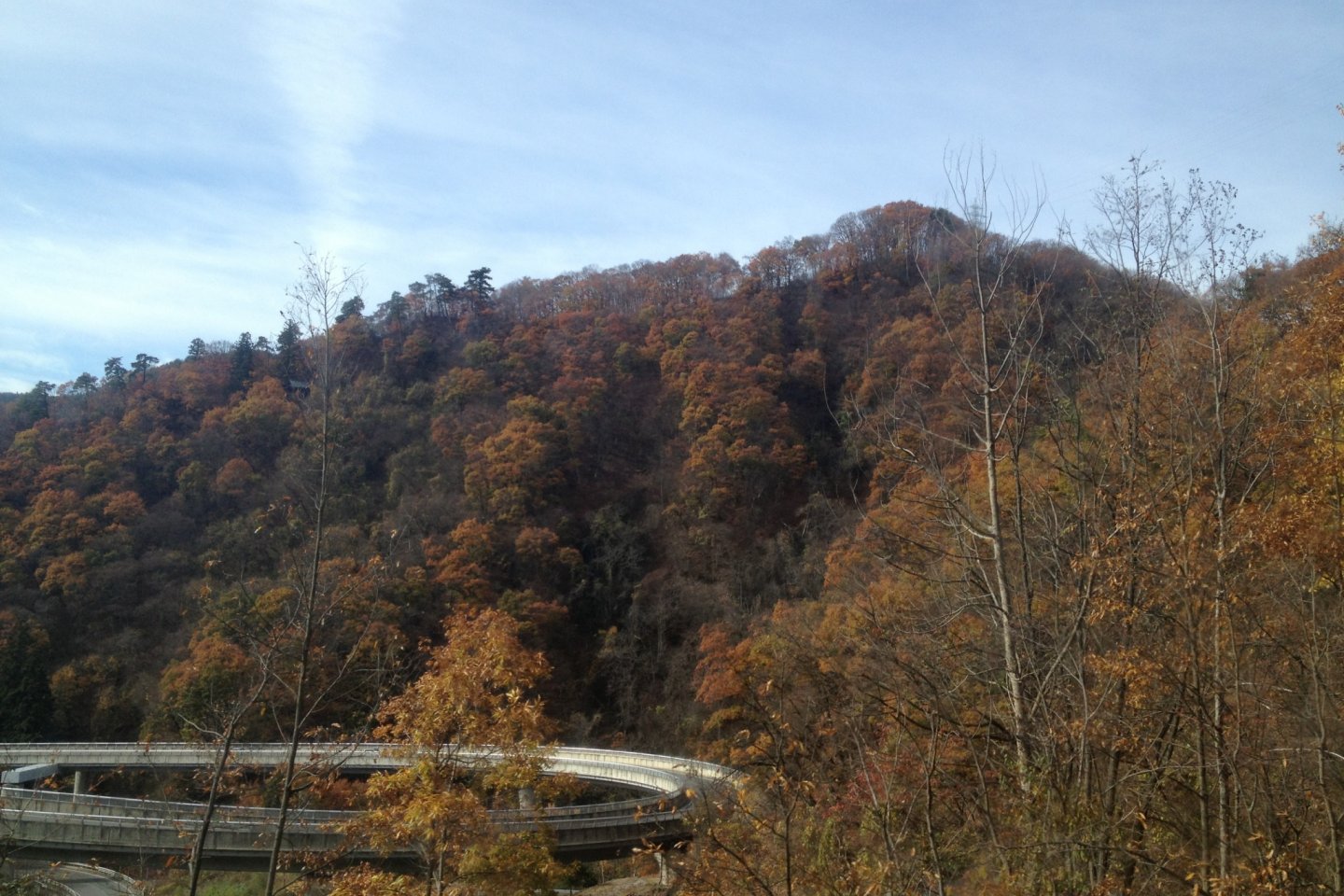 Scenery of green and orange highlands from the Asakawa Loop Line.
