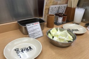 Free-flow cabbage. There is English menu and English-speaking staff. You are not supposed to dip your food into the sauce twice as it is for public sharing.