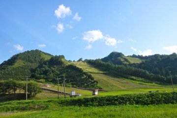 Tainai Mountain, the beginner hill is on the left and the intermediate hill is in the center