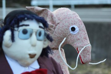 Other Kaminada scarecrows are friendly, like this TV celebrity and 2012 dragon.