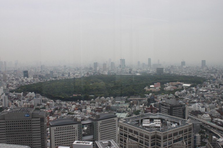 Toàn cảnh trên không của Đền Minh Trị và công viên Yoyogi trên đài quan sát ở Tokyo Metropolitan Government Building. 