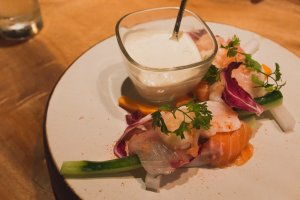 Seasonal assortment of sashimi, shrimp and vegetables served with cervelle de canut