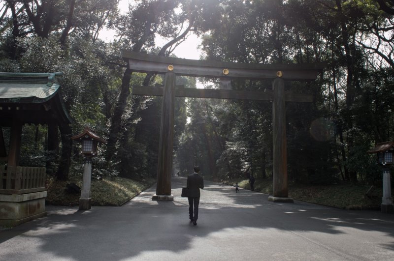 A business man leisurely heading towards the Meiji Jingu Torii, or the shrine's entrance gate