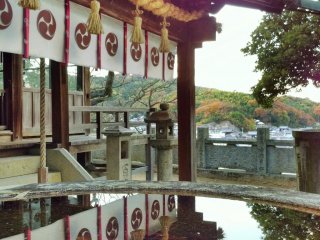 Urns full of water and autumn leaves reflect the shrine building