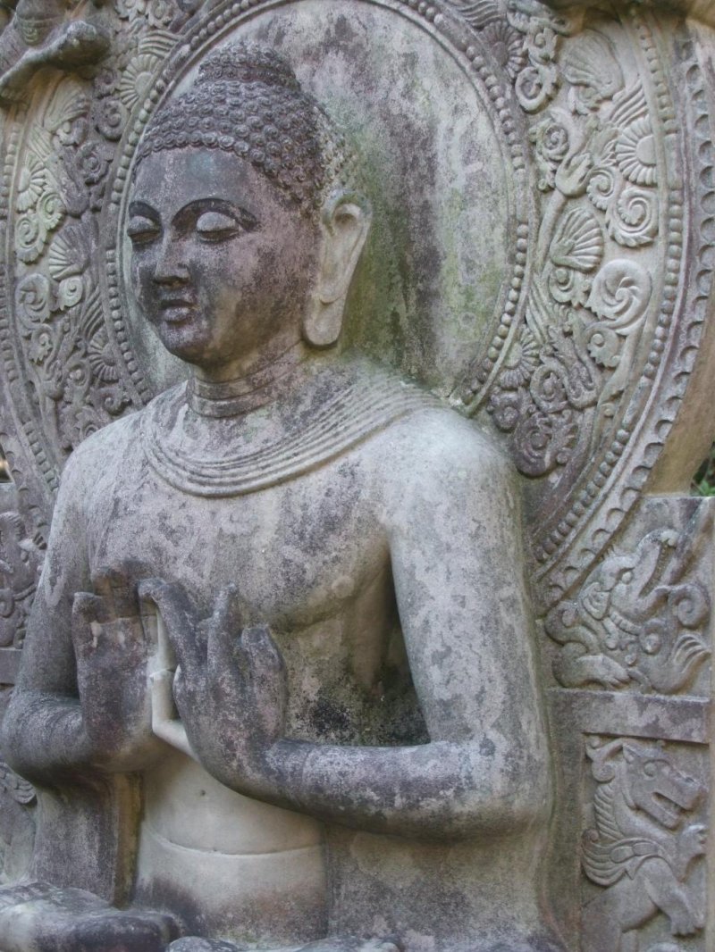 A close up of the Shakamuni Buddha in prayer