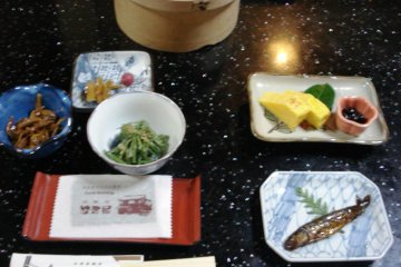 A delightful feast of pickled vegetables and omelette at the Hanaya a Homestay like Ryokan near Nagiso on the Nakasendo between Kyoto and Tokyo