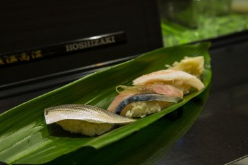 Kohada, horse mackerel, and Echizen snow crab sushi