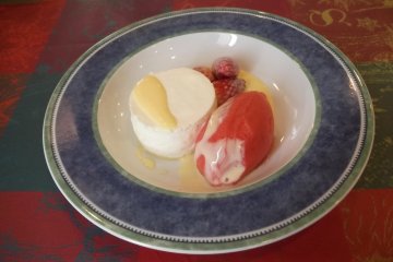 Yoghurt mousse and strawberry sorbet
