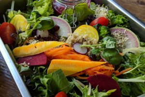 The brightly colored Energy Salad - complete with pink dressing!
