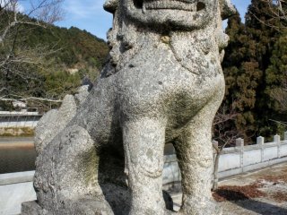 Một trong những pho tượng đá vừa giống chó vừa giống sư tử canh gác ngôi đền 