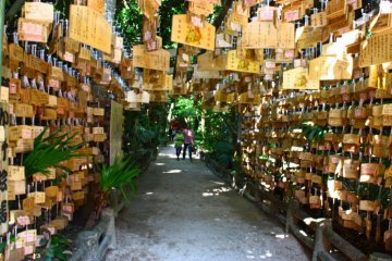 This tunnel of ema (wooden prayer plaques) leads you to a smaller shrine deeper within the jungle.