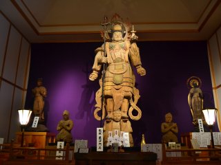 The great Bishamonten with other old statues inside a new, purpose-built storage building. The statue itself is more than 1,000 years old and was carved from a single cypress tree.