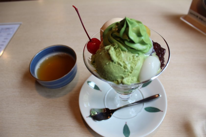 Traditional Matcha Ice sundae at Rakusyou Cafe just moments from ​Kodaiji Temple, Kyoto