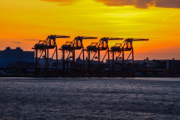 Industrial cranes silhoutted in the sunset