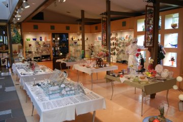 A view of the gift shop, with homemade glass items