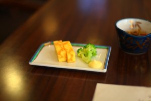 Tamagoyaki, a sweet rolled omlette, served with mayonnaise