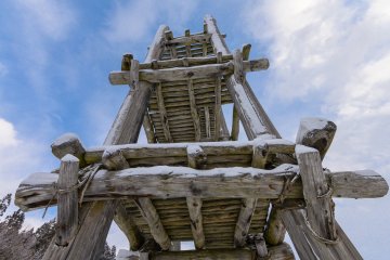 Looking up at the wooden tower at Sannai Maruyama Jomon Site in Aomori Prefecture