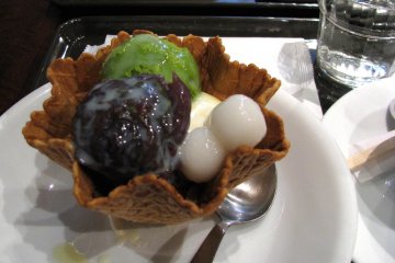 Dessert with ice cream and dango. Note the waffle bowl.