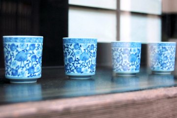 Blue china cups are some of the delightful surprises in the Antique District of Kyoto