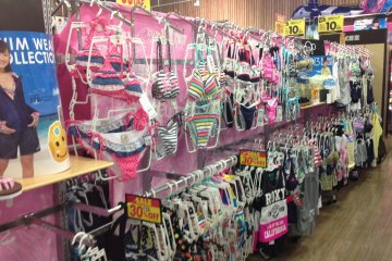The store is very tidy in appearance. Only this display of ladies swimwear showed any sign of ramshackledness, likely due to the intense Okinawa summer heat causing a run on bikinis