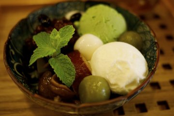 Japanese style dessert- matcha ice cream, mochi, azuki beans