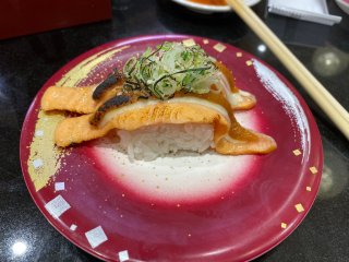 Seared salmon nigiri with miso sauce