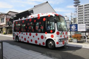 City buses are decorated with the designs of Yayoi Kusama, a citizen of Matsumoto