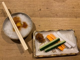 Appetizers include raw vegetables with miso dip and a 'daikon', (white radish) dipping sauce for yakitori