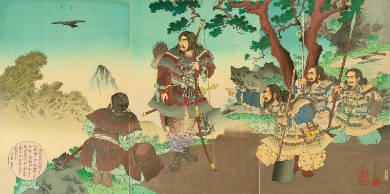 Emperor Jimmu and his company following the Yatagarasu