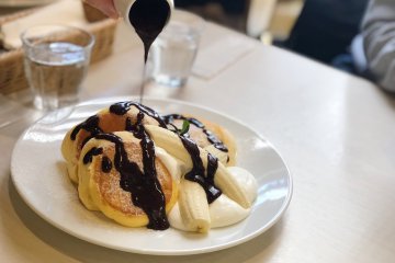 Banana Whipped Pancakes w/ Chocolate Sauce