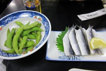 Zunda and fish - traditional shared snacks