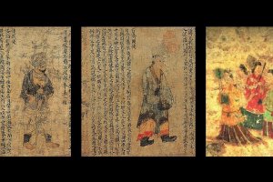左圖的倭國（即後來的日本國）使者像，以及中圖的百濟國使者像均擷取自《職貢圖》宋代摹本的殘卷；右圖為其中一幅高松塚古墳壁畫