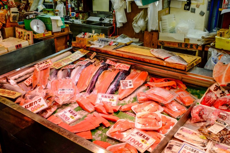 Salmon is a speciality of the Shinsen Market, you can buy it in almost any form