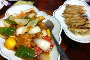 Sweet and sour pork with gyoza
